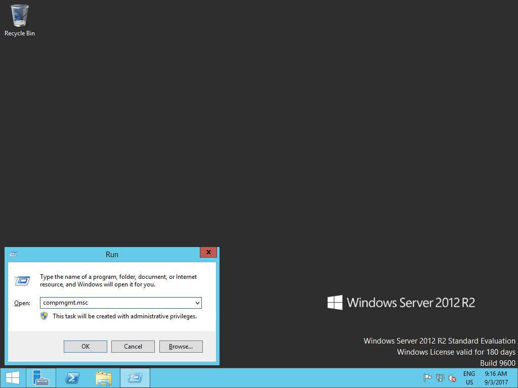 Screenshot of the Windows Run menu with compmgmt.msc typed in the text field