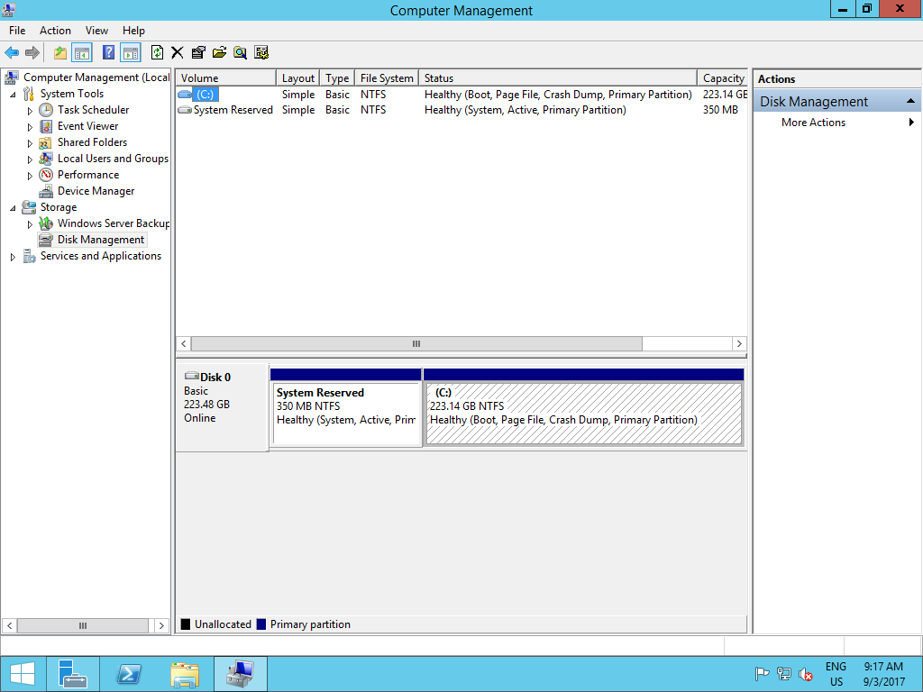 Screenshot of the Disk Management tab of the Computer Management utility