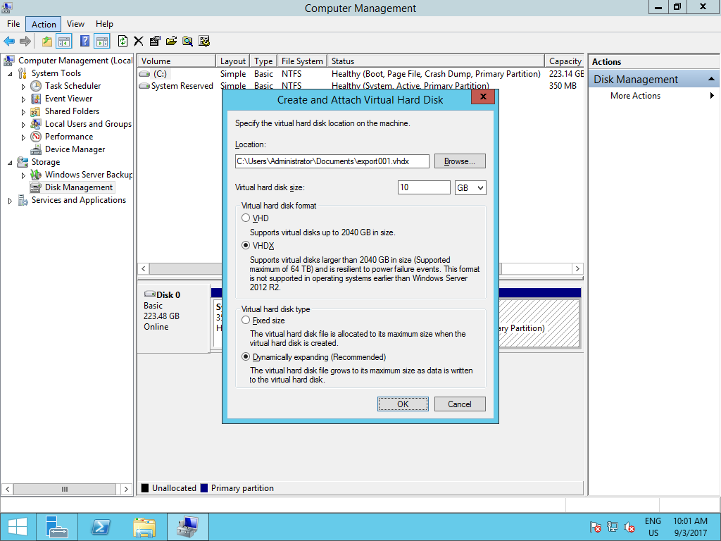 Screenshot of the VHD creation dialog