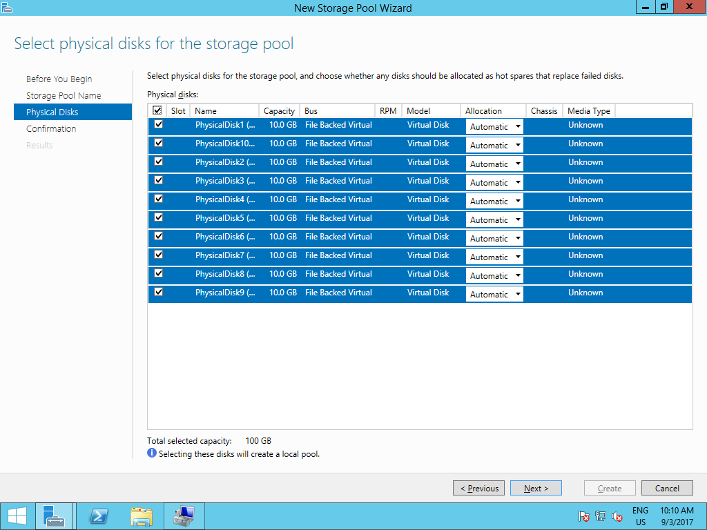 Screenshot of the Storage Spaces disk selection dialog