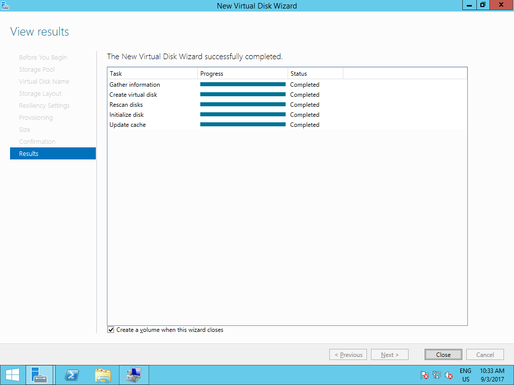 Screenshot of the Storage Spaces Virtual Disk creation wizard end screen